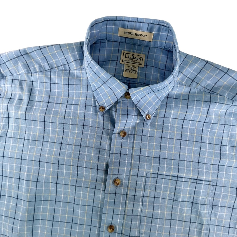 LL Bean Mens Large Blue Plaid Wrinkle Resistant Short Sleeve Button Down Cotton